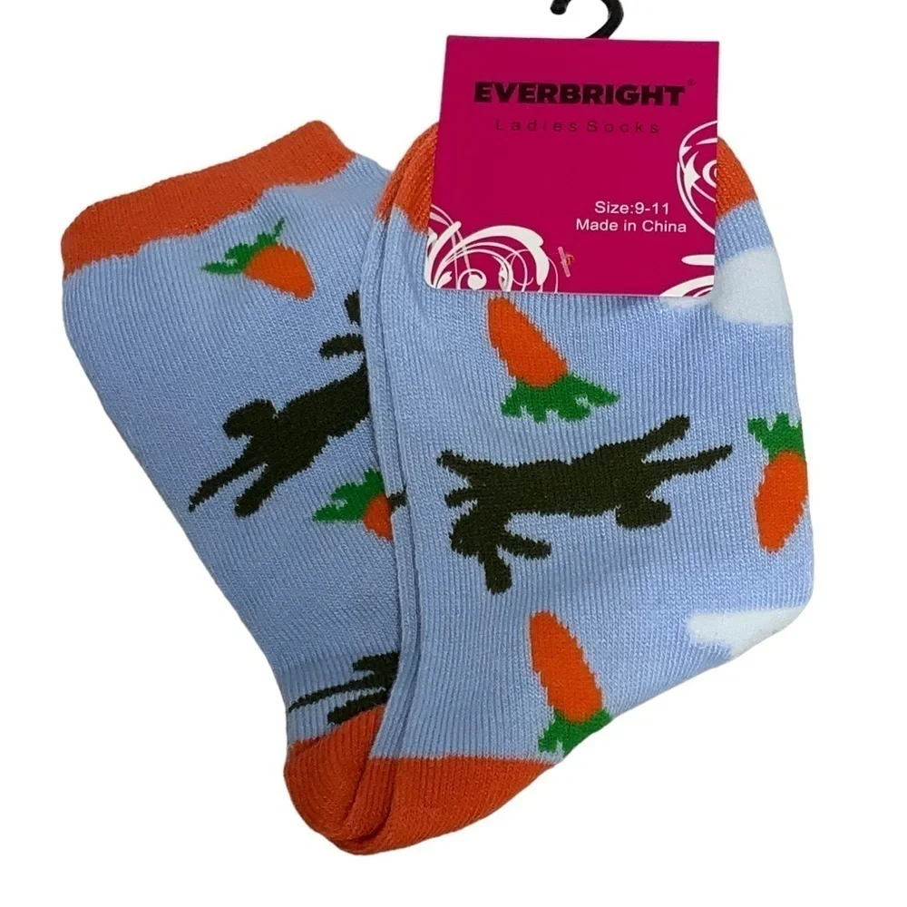 Everbright Easter Socks Women’s Bunny Carrots 9-11 Blue Multicolor